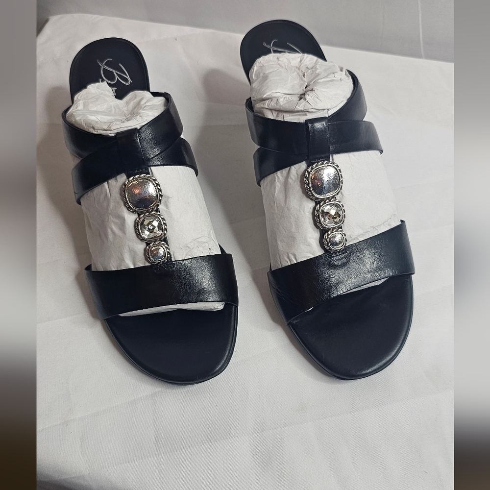 7 M Brighton Trista Shoes Slip-on Block Heels Sandals Black Leather Open Toe